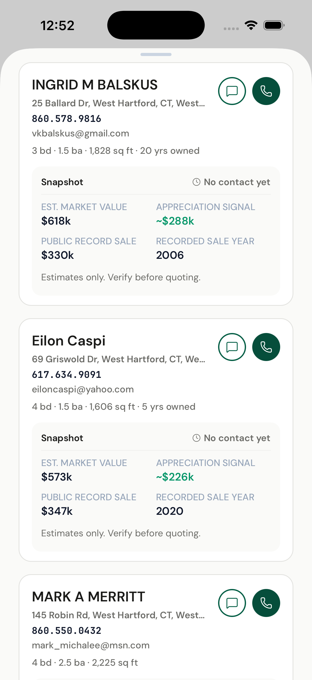 Harvest contact queue showing comparable homeowners with property and contact context