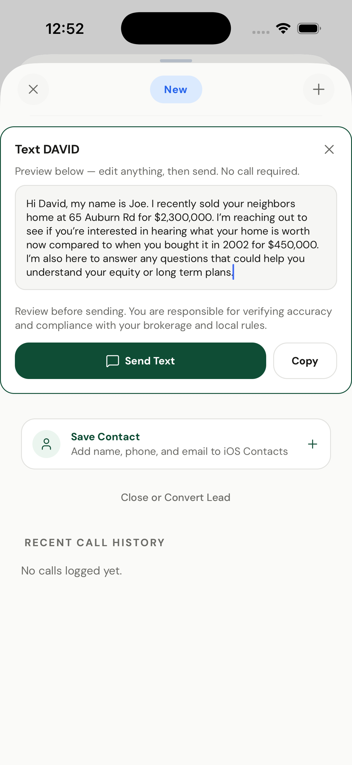 Harvest personalized text composer with a pre-generated homeowner message