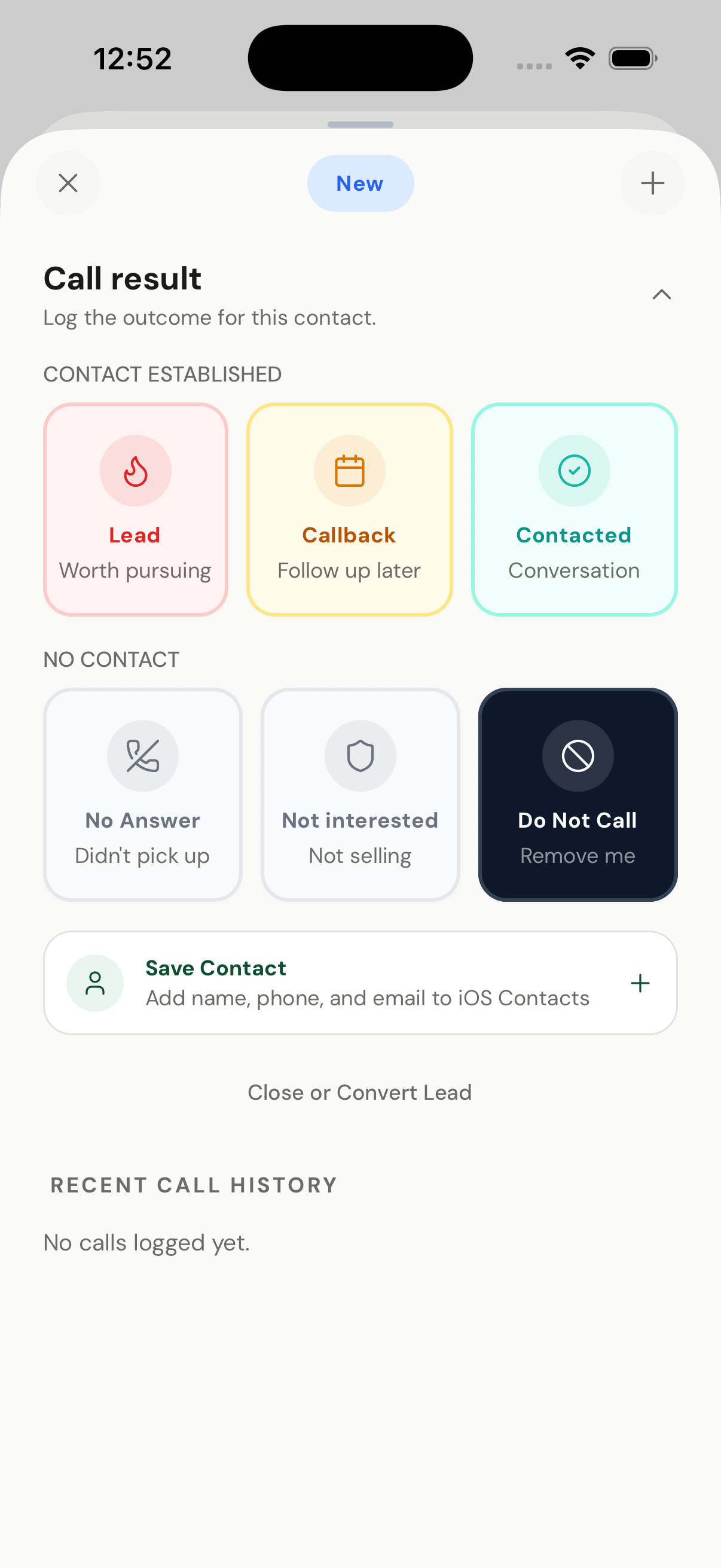 Harvest call result screen for logging conversation outcomes and follow-up status