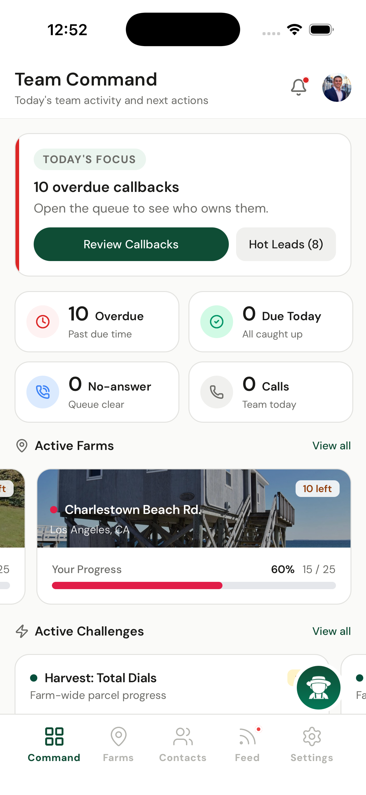 Harvest Team Command screen showing callbacks, active farms, and lead follow-up status