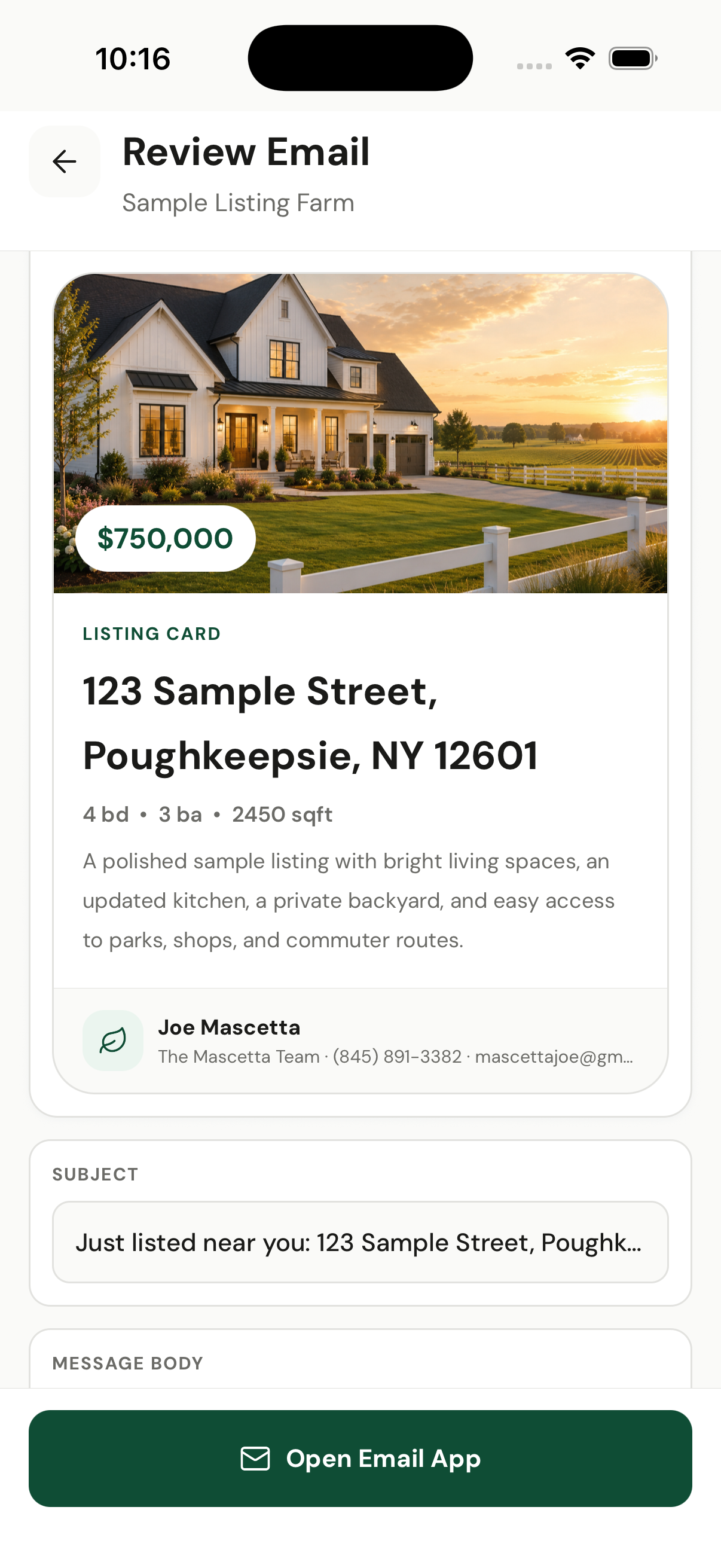 Harvest Review Email screen showing a branded neighborhood listing email campaign